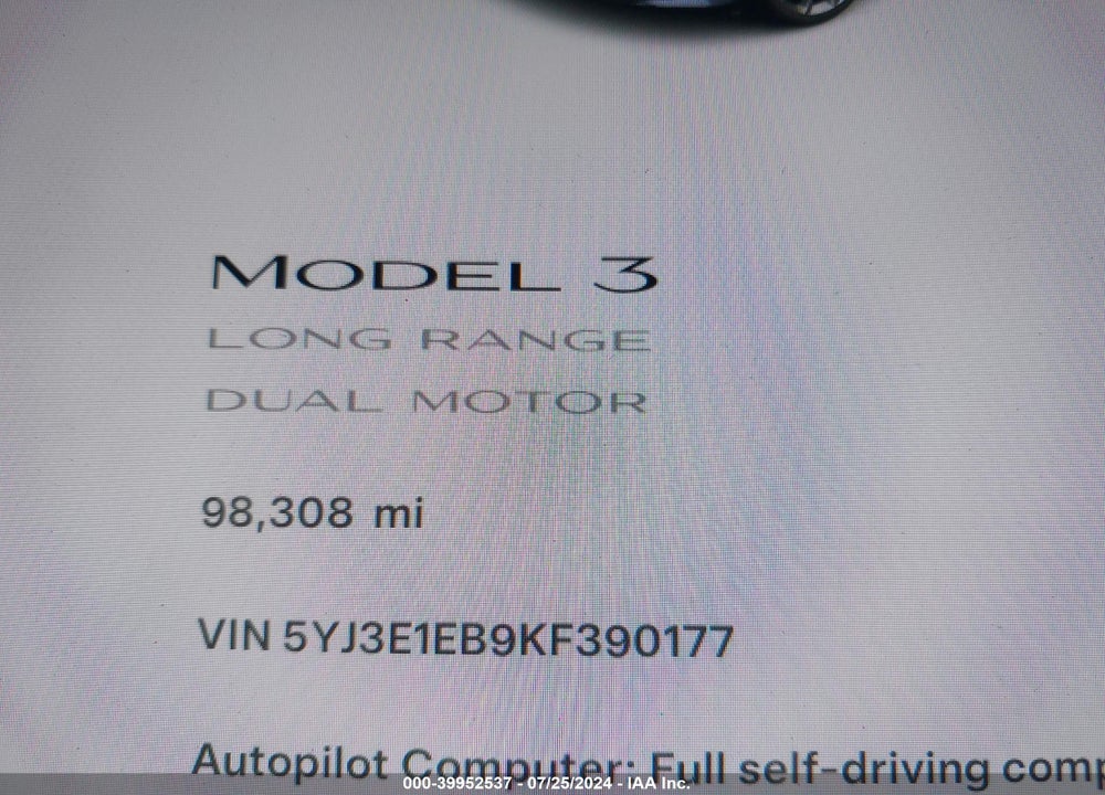 2019 TESLA MODEL 3 LONG RANGE/PERFORMANCE VIN: 5YJ3E1EB9KF390177