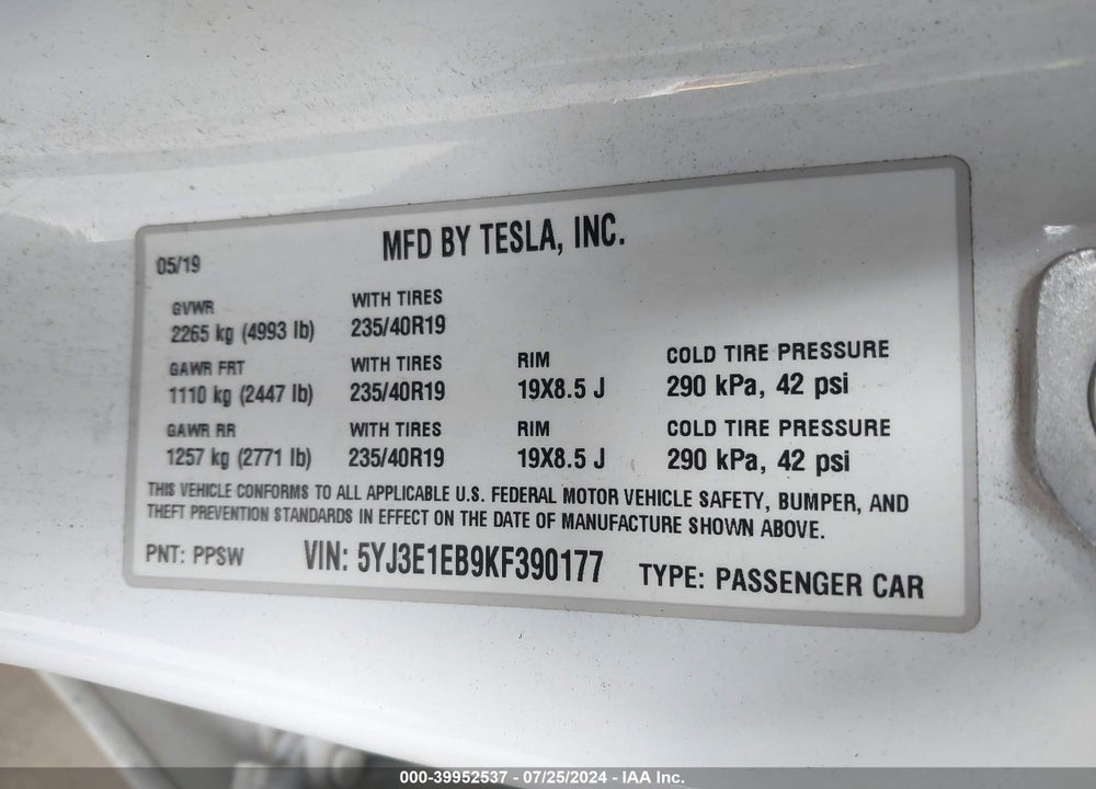 2019 TESLA MODEL 3 LONG RANGE/PERFORMANCE VIN: 5YJ3E1EB9KF390177