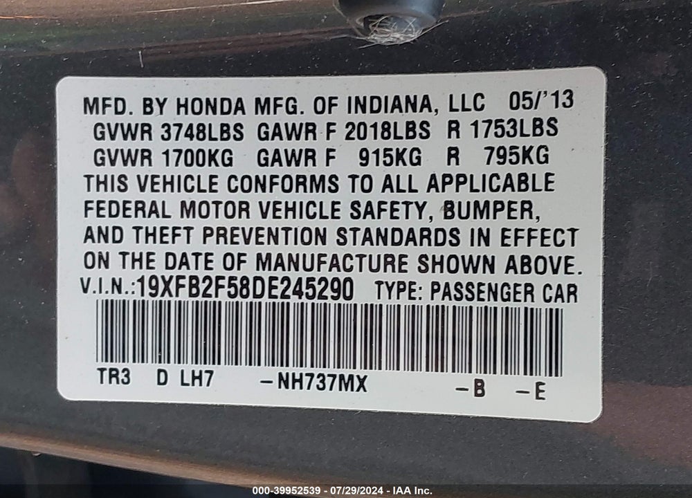 2013 HONDA CIVIC LX VIN: 19XFB2F58DE245290