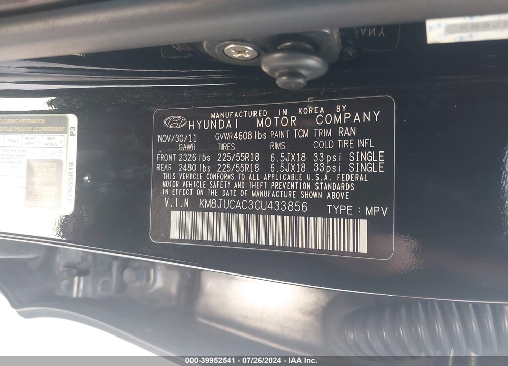 2012 HYUNDAI TUCSON LIMITED VIN: KM8JUCAC3CU433856