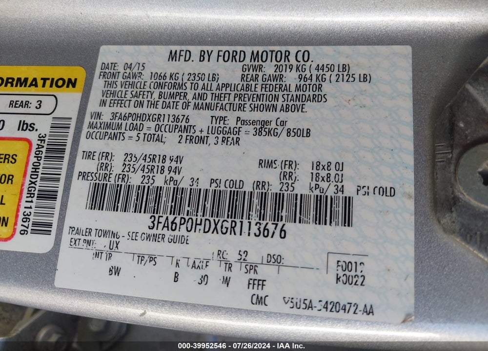 2016 FORD FUSION SE VIN: 3FA6P0HDXGR113676