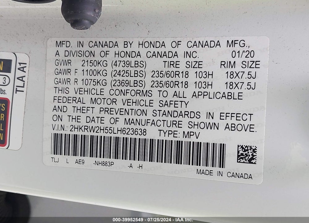 2020 HONDA CR-V AWD EX VIN: 2HKRW2H55LH623638
