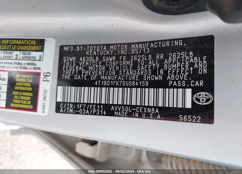 2013 TOYOTA CAMRY HYBRID LE VIN: 4T1BD1FK7DU084159