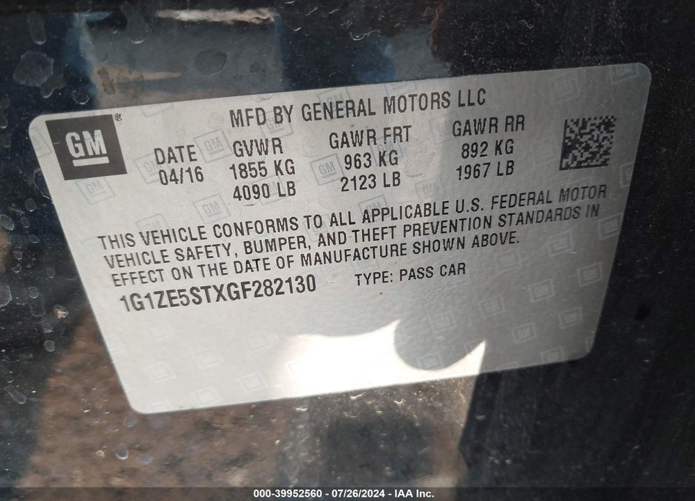2016 CHEVROLET MALIBU 1LT VIN: 1G1ZE5STXGF282130