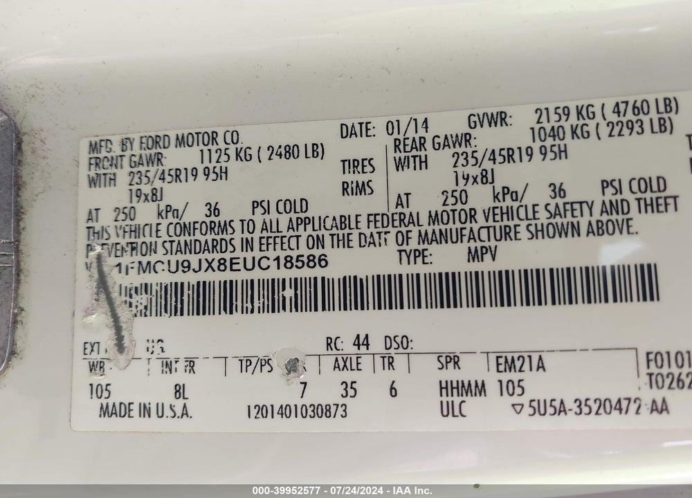 2014 FORD ESCAPE TITANIUM VIN: 1FMCU9JX8EUC18586