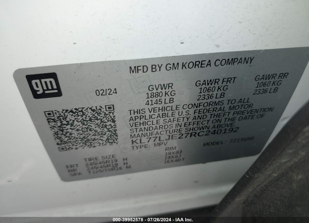 2024 CHEVROLET TRAX FWD 2RS VIN: KL77LJE27RC240192