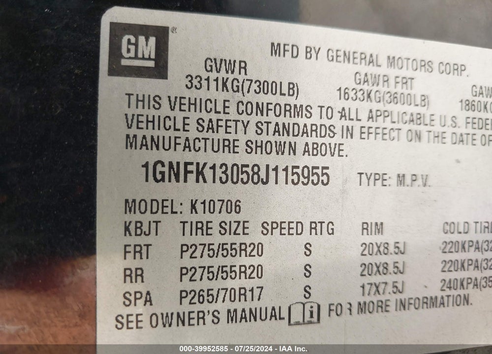 2008 CHEVROLET TAHOE LTZ VIN: 1GNFK13058J115955