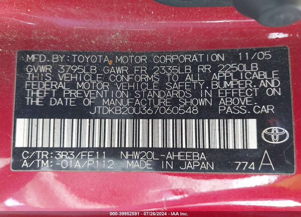 2006 TOYOTA PRIUS VIN: JTDKB20U367060548