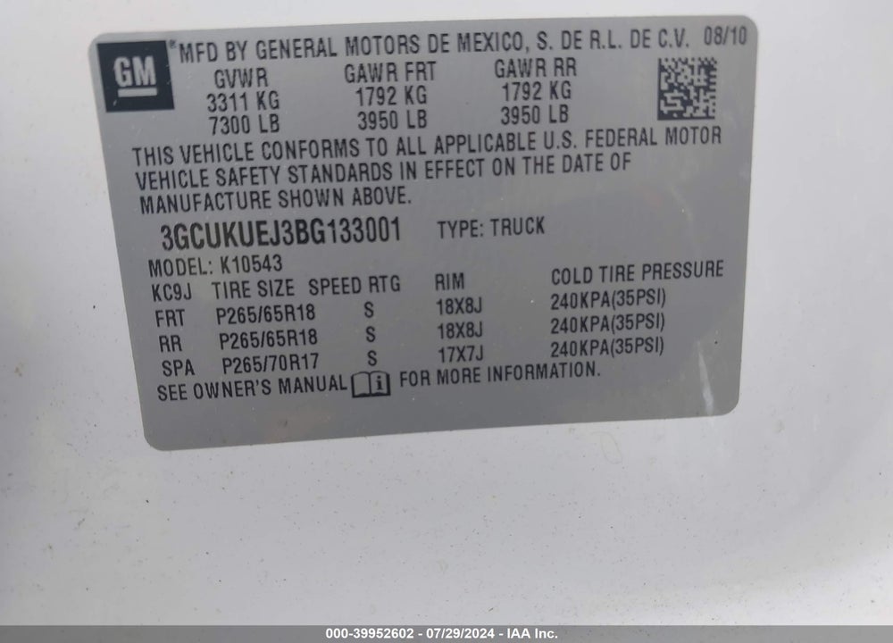 2011 CHEVROLET SILVERADO 1500 HYBRID 1HY VIN: 3GCUKUEJ3BG133001