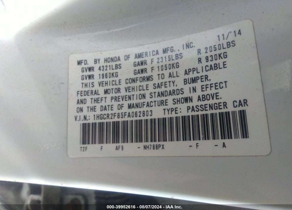 2015 HONDA ACCORD EX-L VIN: 1HGCR2F85FA062803