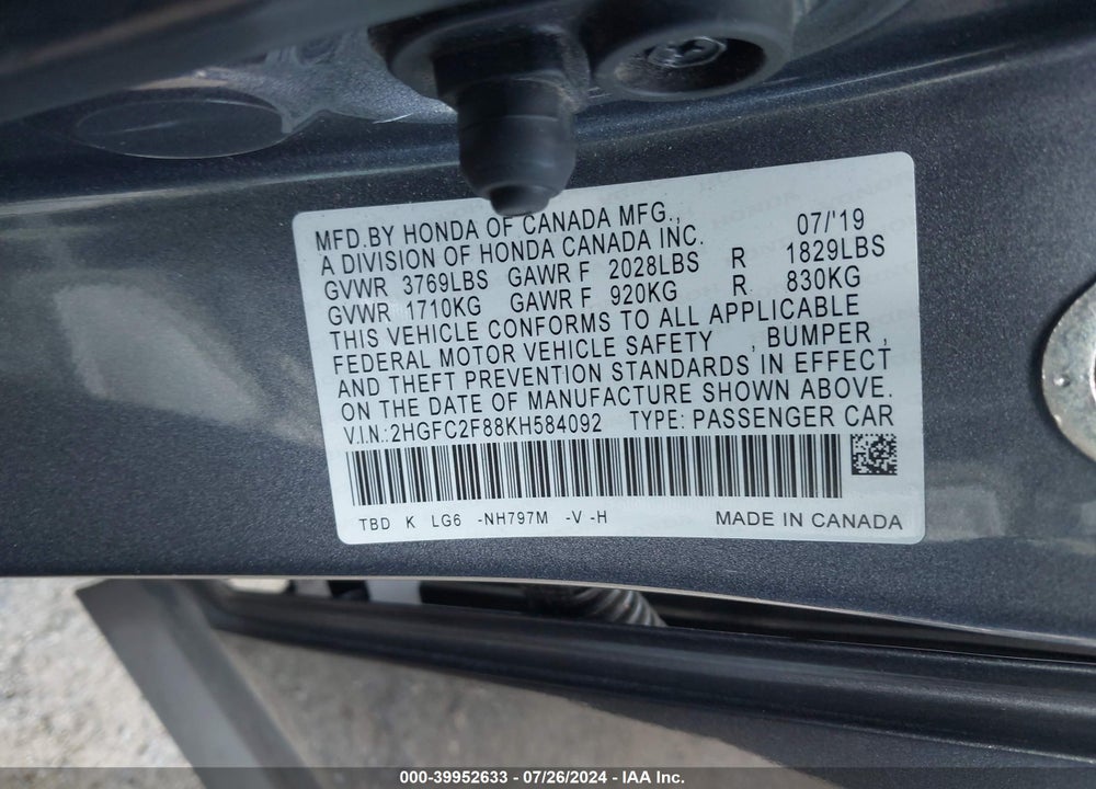 2019 HONDA CIVIC SPORT VIN: 2HGFC2F88KH584092