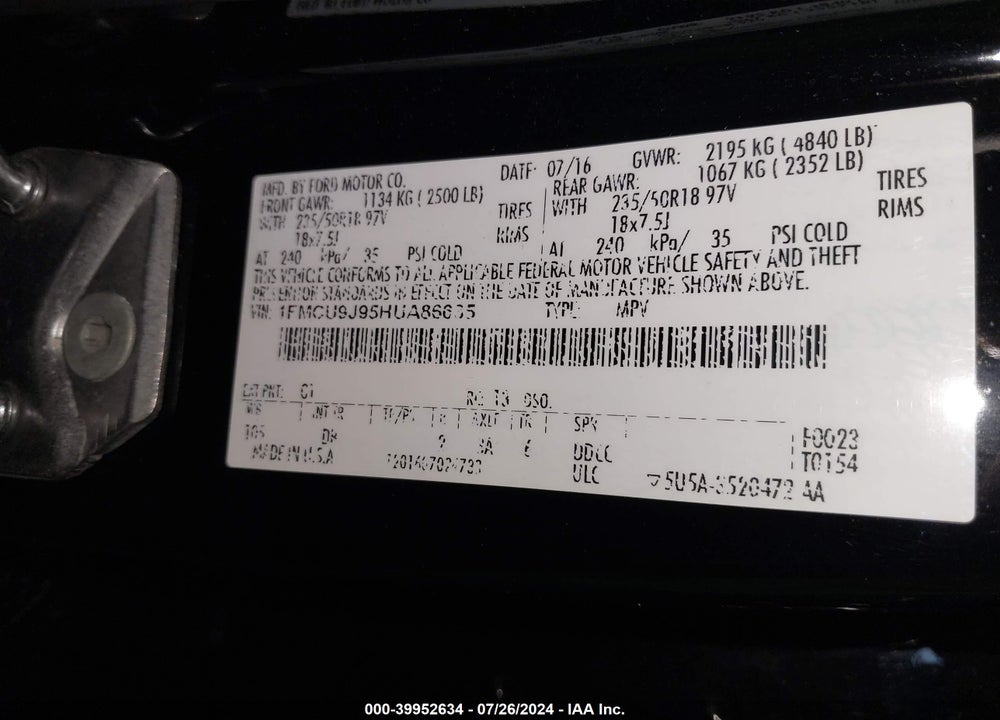 2017 FORD ESCAPE TITANIUM VIN: 1FMCU9J95HUA86635