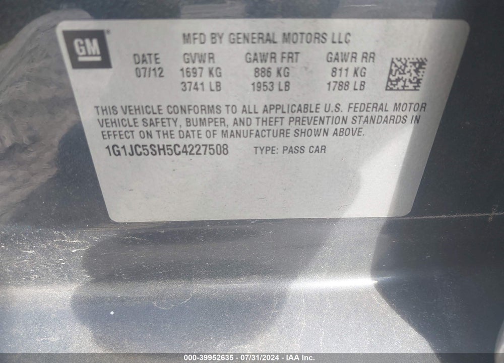 2012 CHEVROLET SONIC 2LT VIN: 1G1JC5SH5C4227508