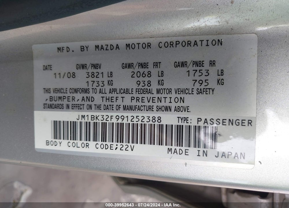 2009 MAZDA 3 I VIN: JM1BK32F991252388