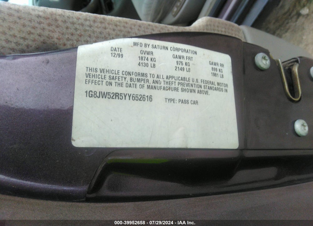2000 SATURN LS2 VIN: 1G8JW52R5YY652616