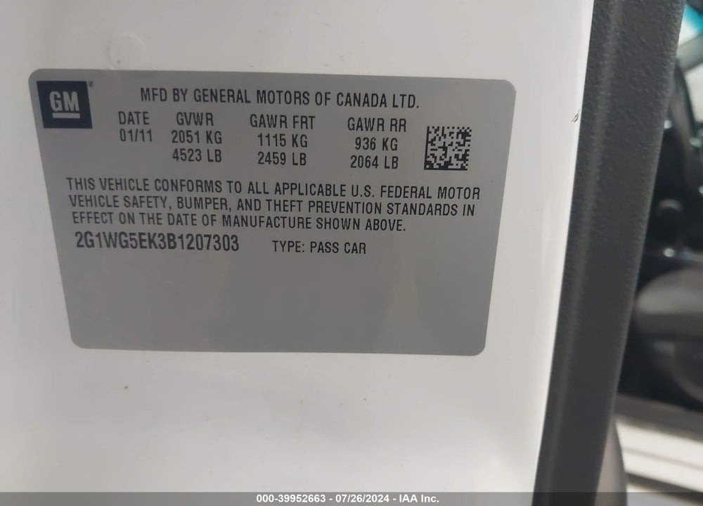 2011 CHEVROLET IMPALA LT VIN: 2G1WG5EK3B1207303