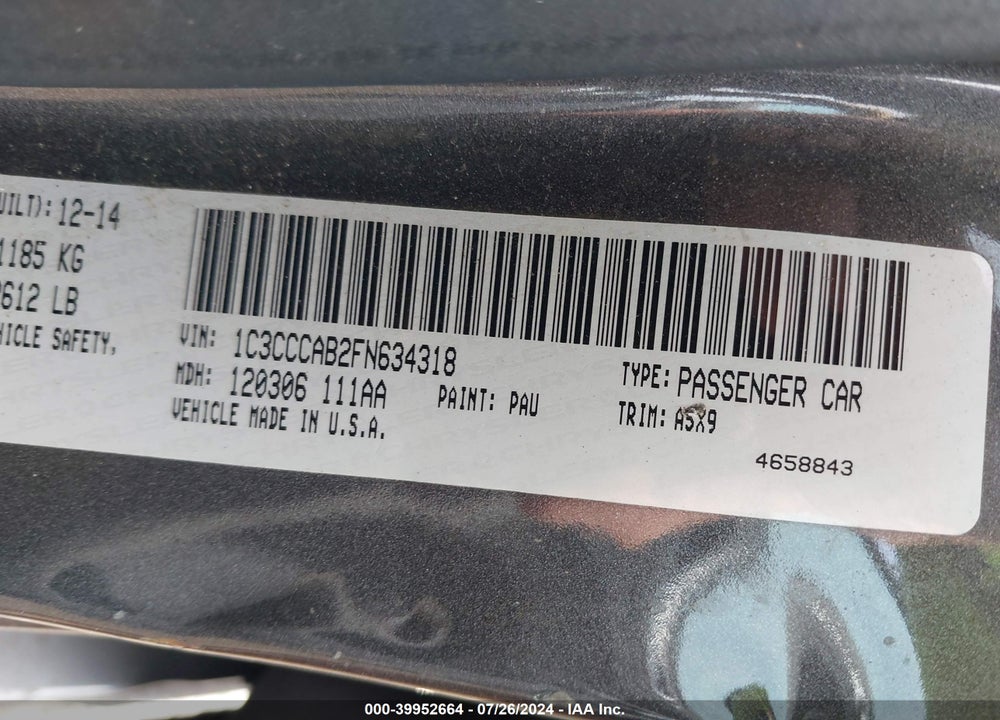 2015 CHRYSLER 200 LIMITED VIN: 1C3CCCAB2FN634318