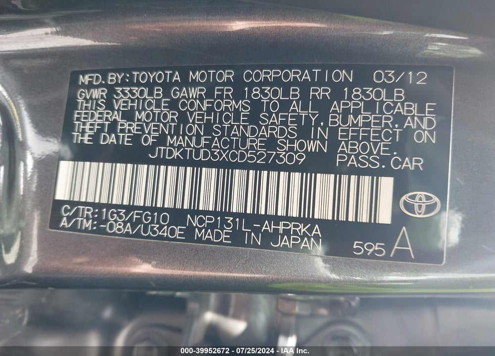 2012 TOYOTA YARIS LE VIN: JTDKTUD3XCD527309