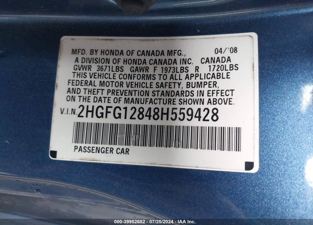 2008 HONDA CIVIC EX VIN: 2HGFG12848H559428