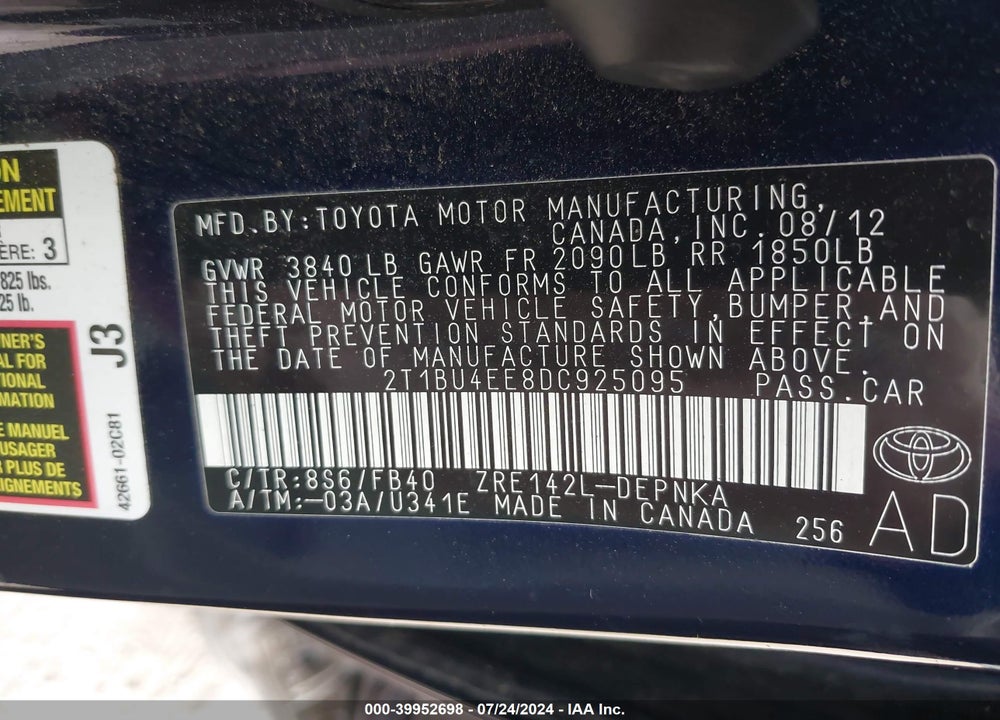 2013 TOYOTA COROLLA LE VIN: 2T1BU4EE8DC925095