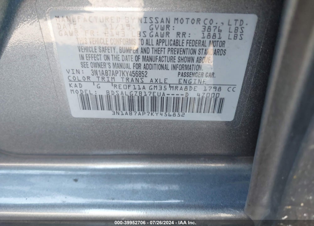 2019 NISSAN SENTRA SL VIN: 3N1AB7AP7KY456852