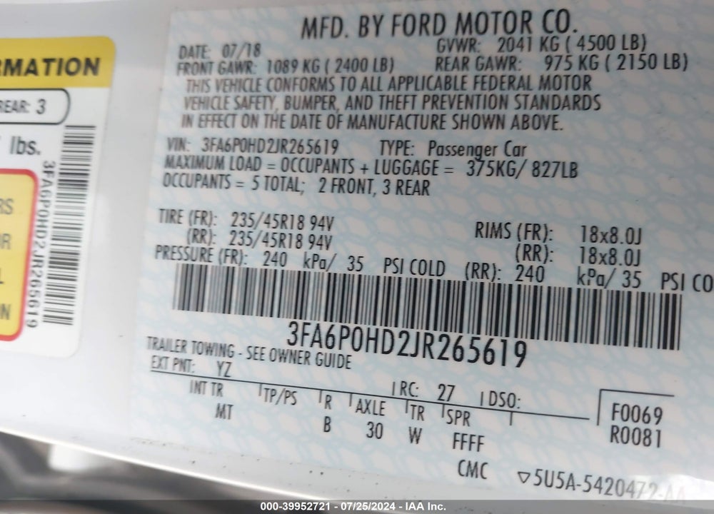 2018 FORD FUSION SE VIN: 3FA6P0HD2JR265619