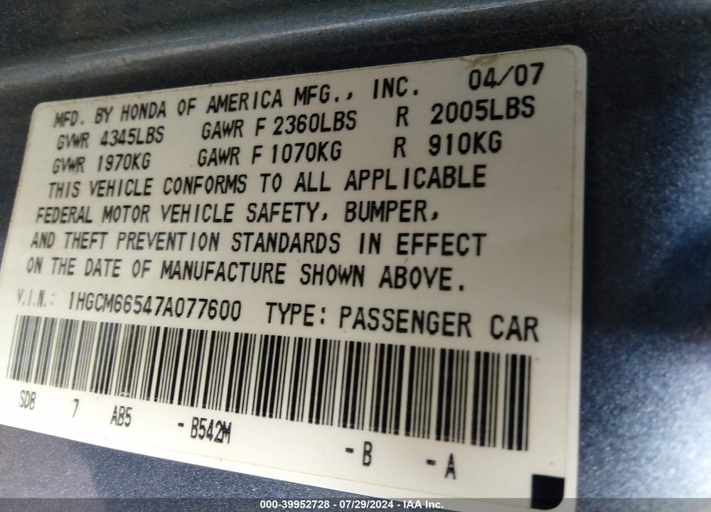 2007 HONDA ACCORD 3.0 EX VIN: 1HGCM66547A077600