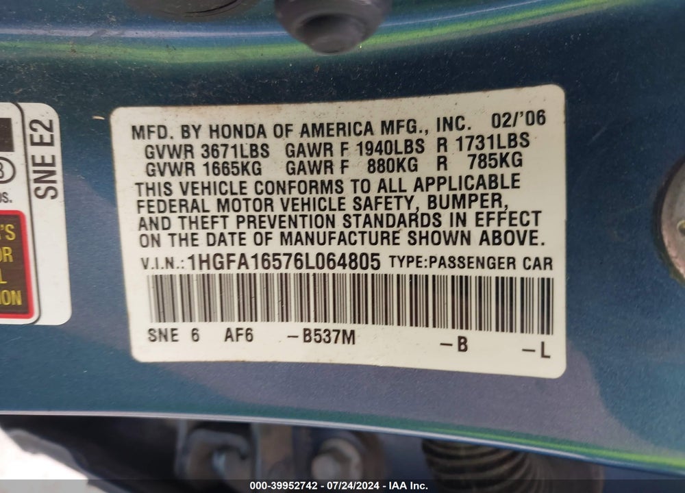 2006 HONDA CIVIC LX VIN: 1HGFA16576L064805