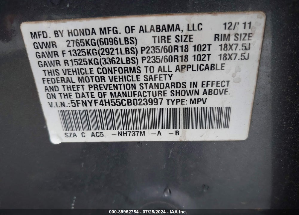 2012 HONDA PILOT EX-L VIN: 5FNYF4H55CB023997