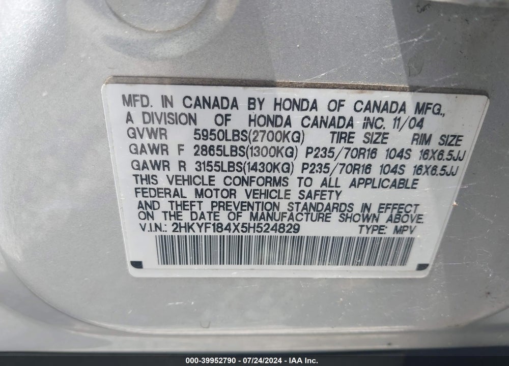 2005 HONDA PILOT EX VIN: 2HKYF184X5H524829