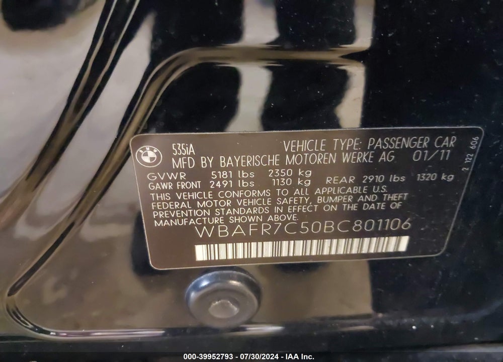 2011 BMW 535I VIN: WBAFR7C50BC801106