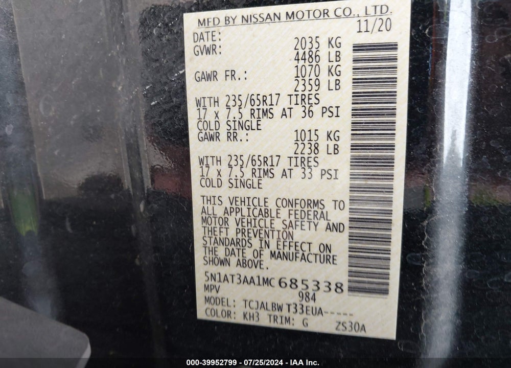 2021 NISSAN ROGUE S FWD VIN: 5N1AT3AA1MC685338