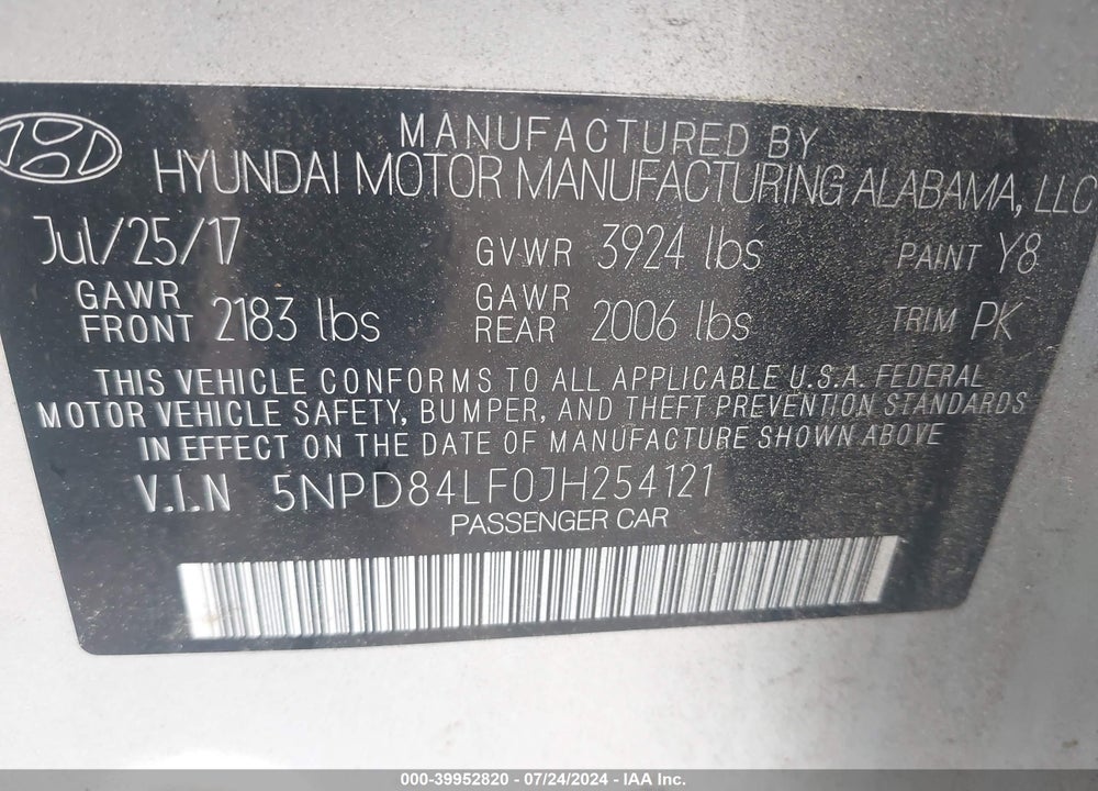 2018 HYUNDAI ELANTRA SEL/VALUE/LIMITED VIN: 5NPD84LF0JH254121