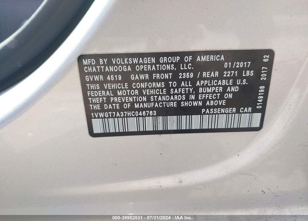 2017 VOLKSWAGEN PASSAT 1.8T SE VIN: 1VWGT7A37HC046763