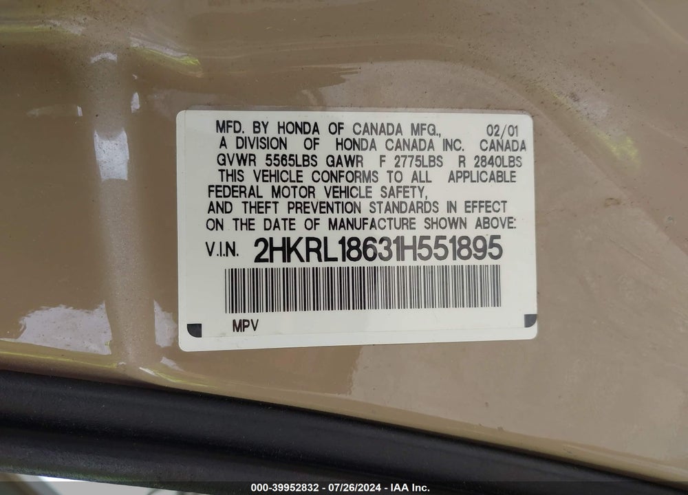 2001 HONDA ODYSSEY EX VIN: 2HKRL18631H551895