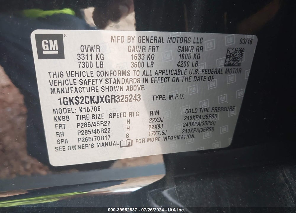 2016 GMC YUKON DENALI VIN: 1GKS2CKJXGR325243