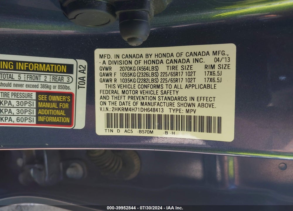 2013 HONDA CR-V EX-L VIN: 2HKRM4H71DH648413