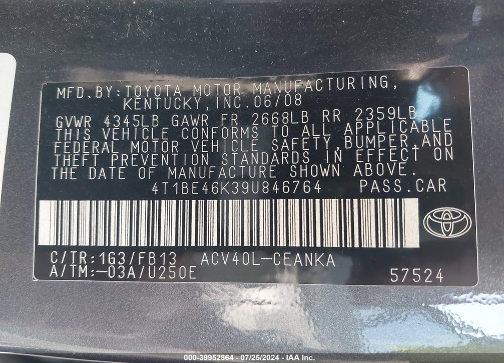 2009 TOYOTA CAMRY LE/SE/XLE VIN: 4T1BE46K39U846764