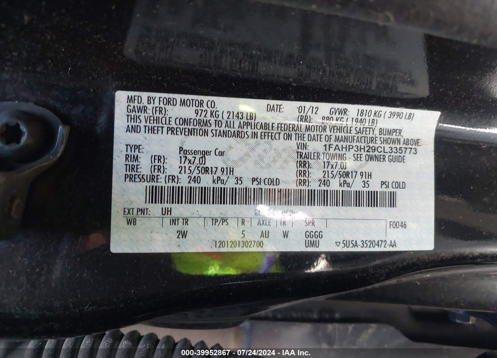 2012 FORD FOCUS SEL VIN: 1FAHP3H29CL335773
