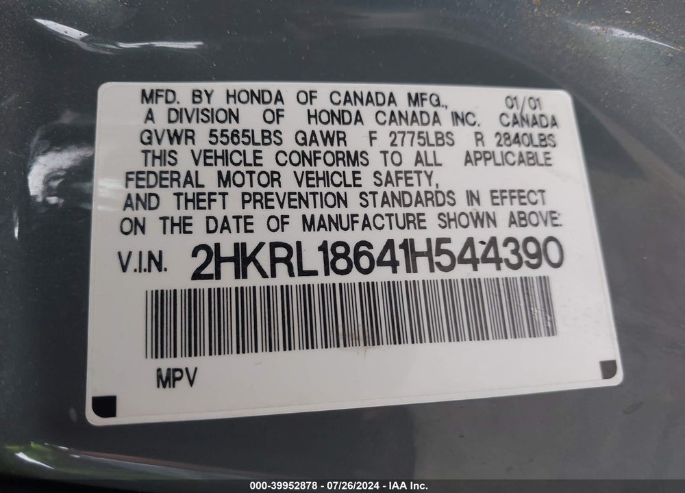2001 HONDA ODYSSEY EX VIN: 2HKRL18641H544390