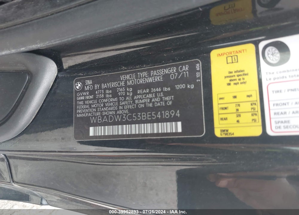 2011 BMW 328I VIN: WBADW3C53BE541894