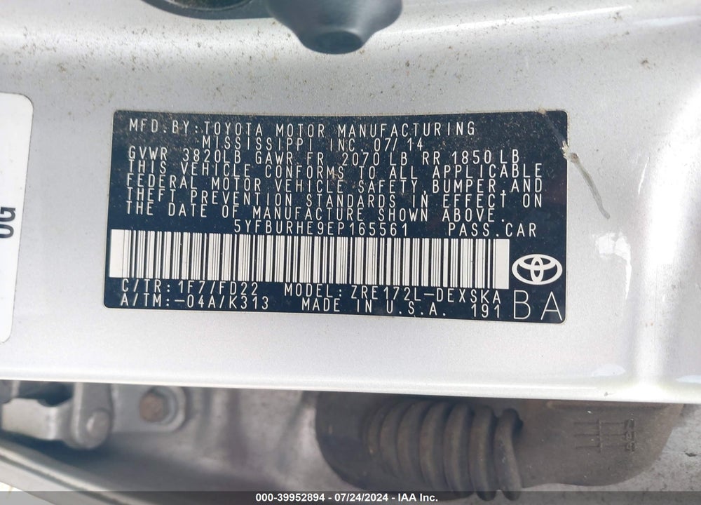 2014 TOYOTA COROLLA VIN: 5YFBURHE9EP165561