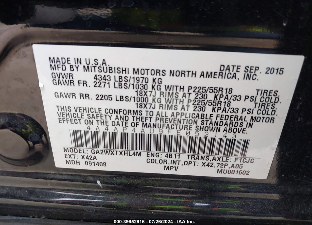 2015 MITSUBISHI OUTLANDER SPORT SE VIN: 4A4AP4AU9FE052143