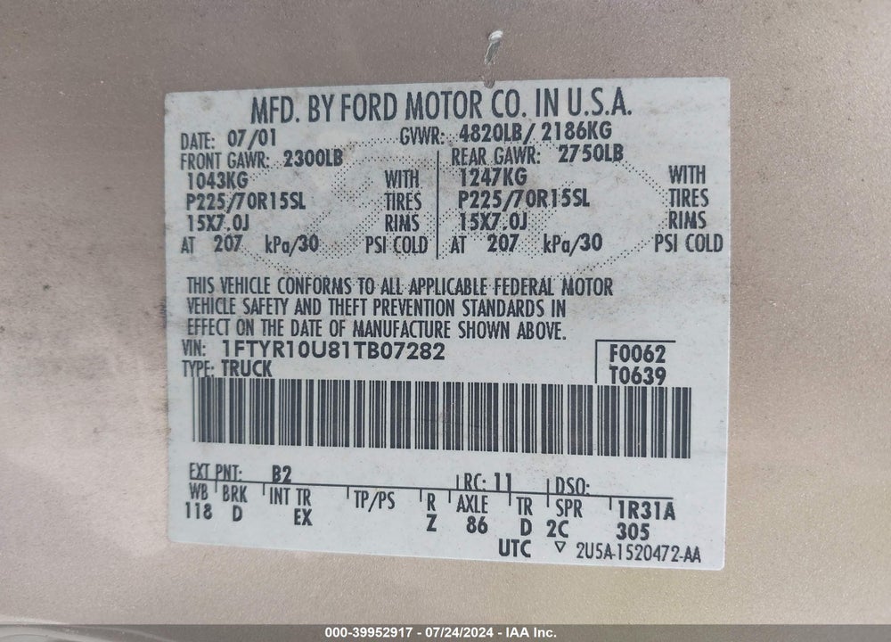 2001 FORD RANGER EDGE/XL/XLT VIN: 1FTYR10U81TB07282