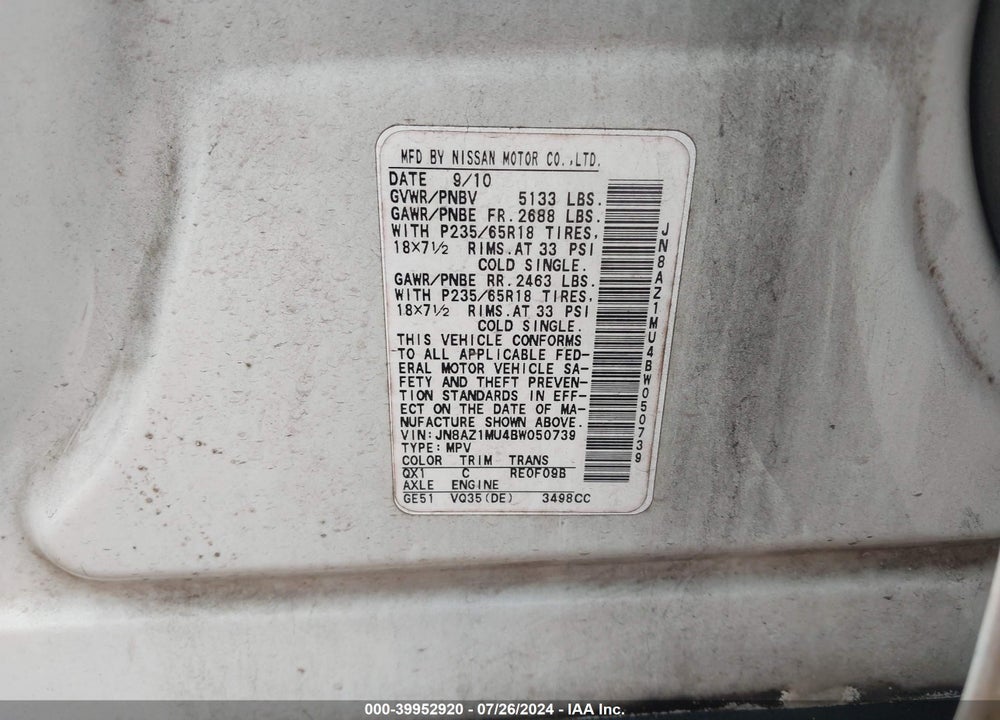 2011 NISSAN MURANO VIN: JN8AZ1MU4BW050739