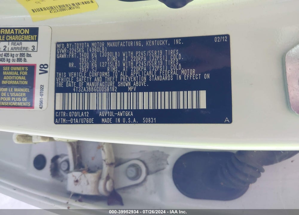 2012 TOYOTA VENZA LE/XLE VIN: 4T3ZA3BB6CUO58182