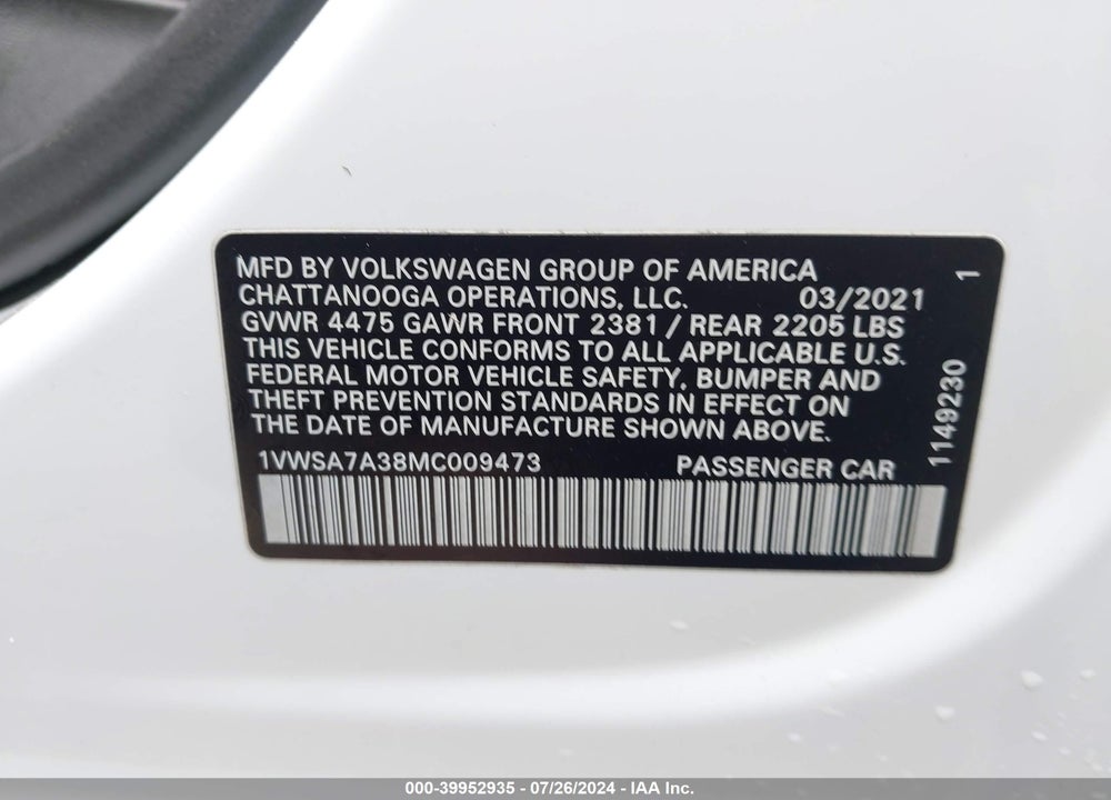 2021 VOLKSWAGEN PASSAT 2.0T SE VIN: 1VWSA7A38MC009473