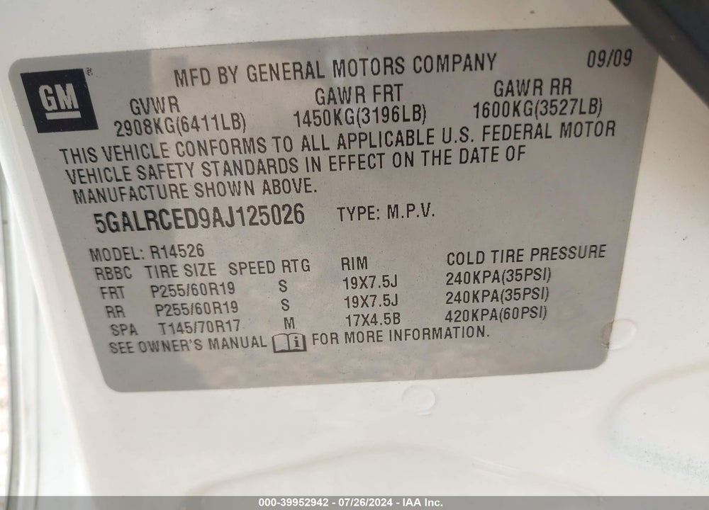 2010 BUICK ENCLAVE 2XL VIN: 5GALRCED9AJ125026