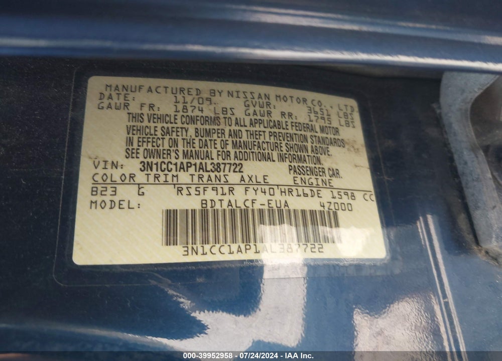 2010 NISSAN VERSA 1.6 VIN: 3N1CC1AP1AL387722
