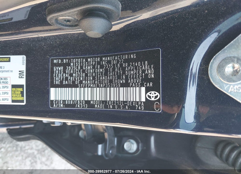 2022 TOYOTA COROLLA LE VIN: 5YFEPMAE1NP353959